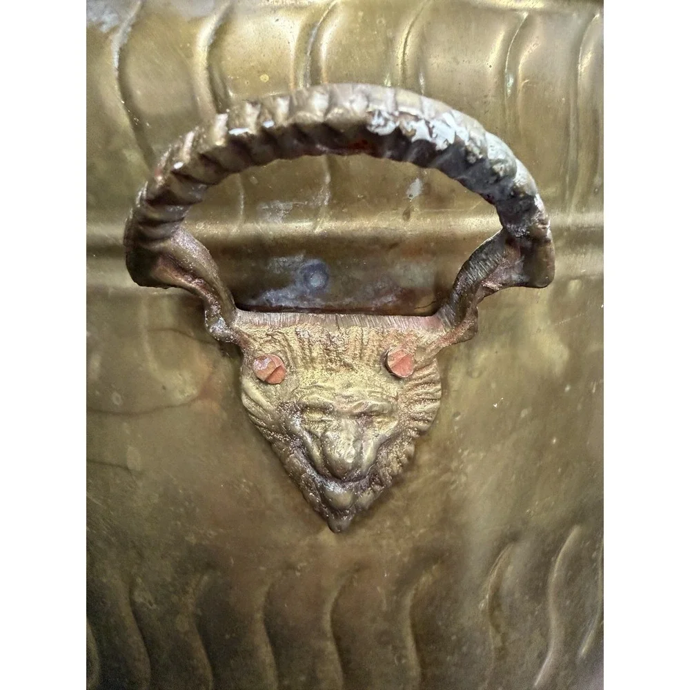 Vtg Brass Cachepot Jardiniere 4 Lion Elephant Head Ring Handles Planter 9